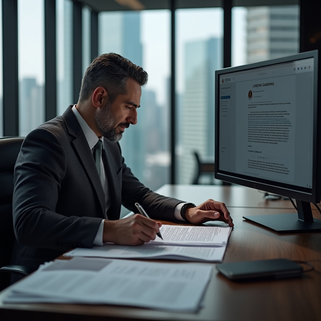 Professional reviewing business English documents at a sleek desk