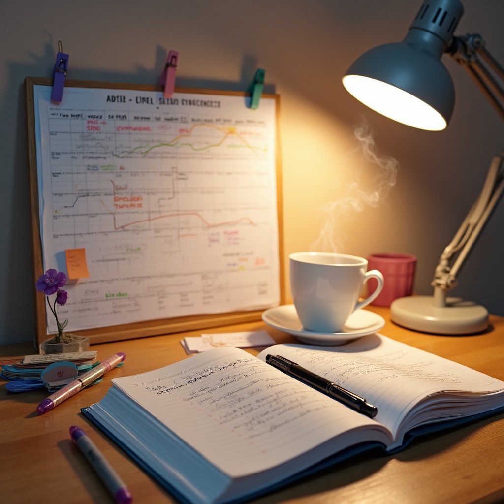 Language level reference materials on an organised study desk with notes and highlighters