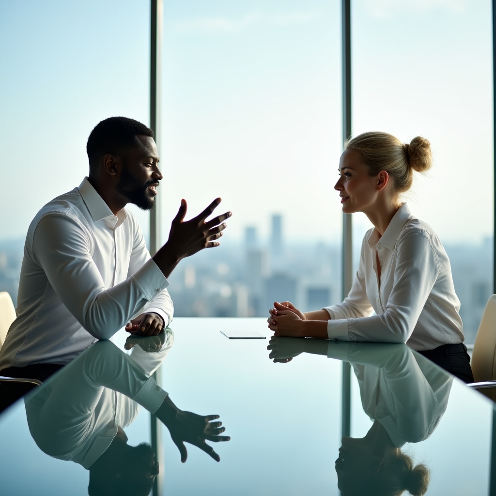 Two people practising English conversation in a bright modern setting