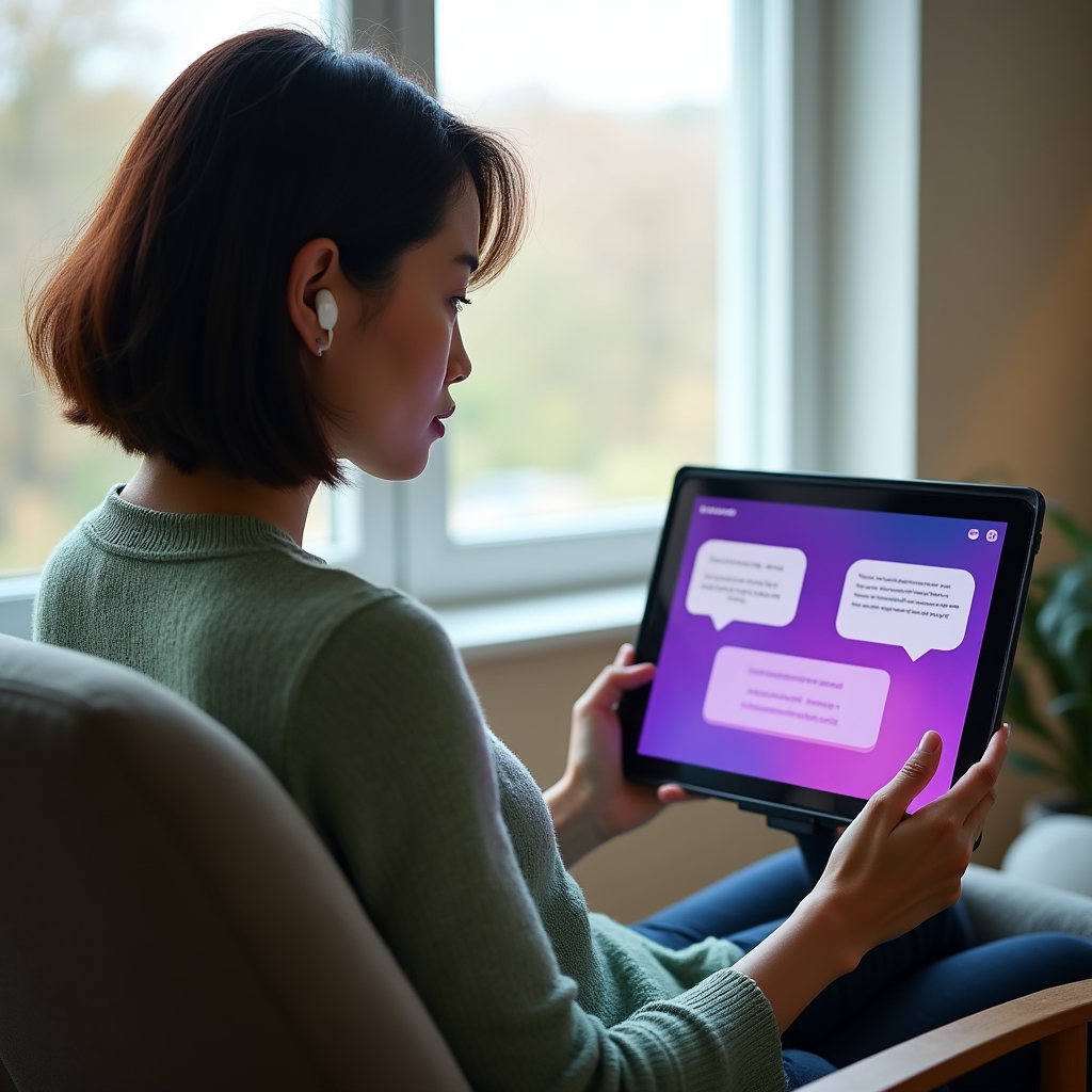 Student completing an interactive conversation exercise on a tablet device