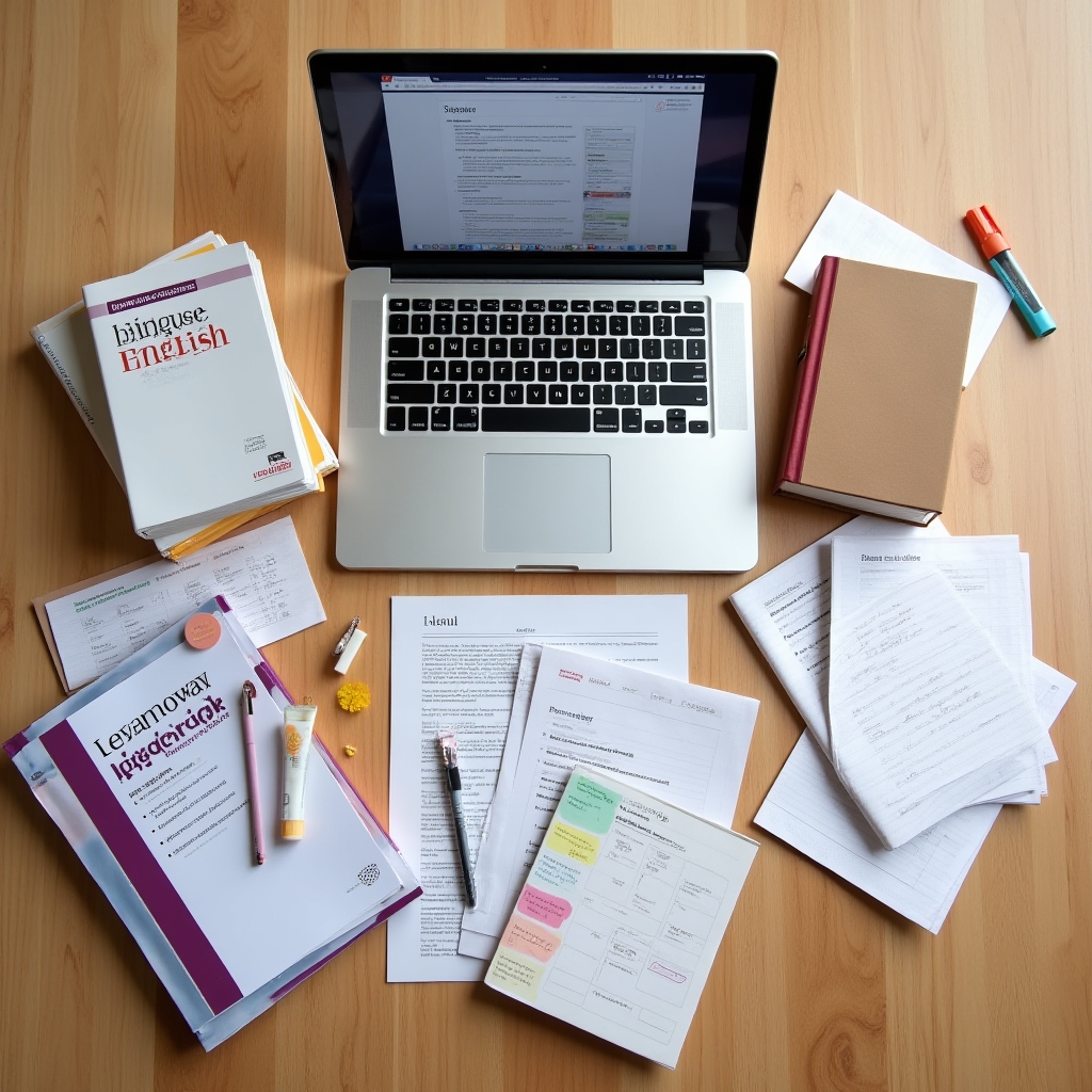 Organised language learning resources and notes spread across a well-lit workspace