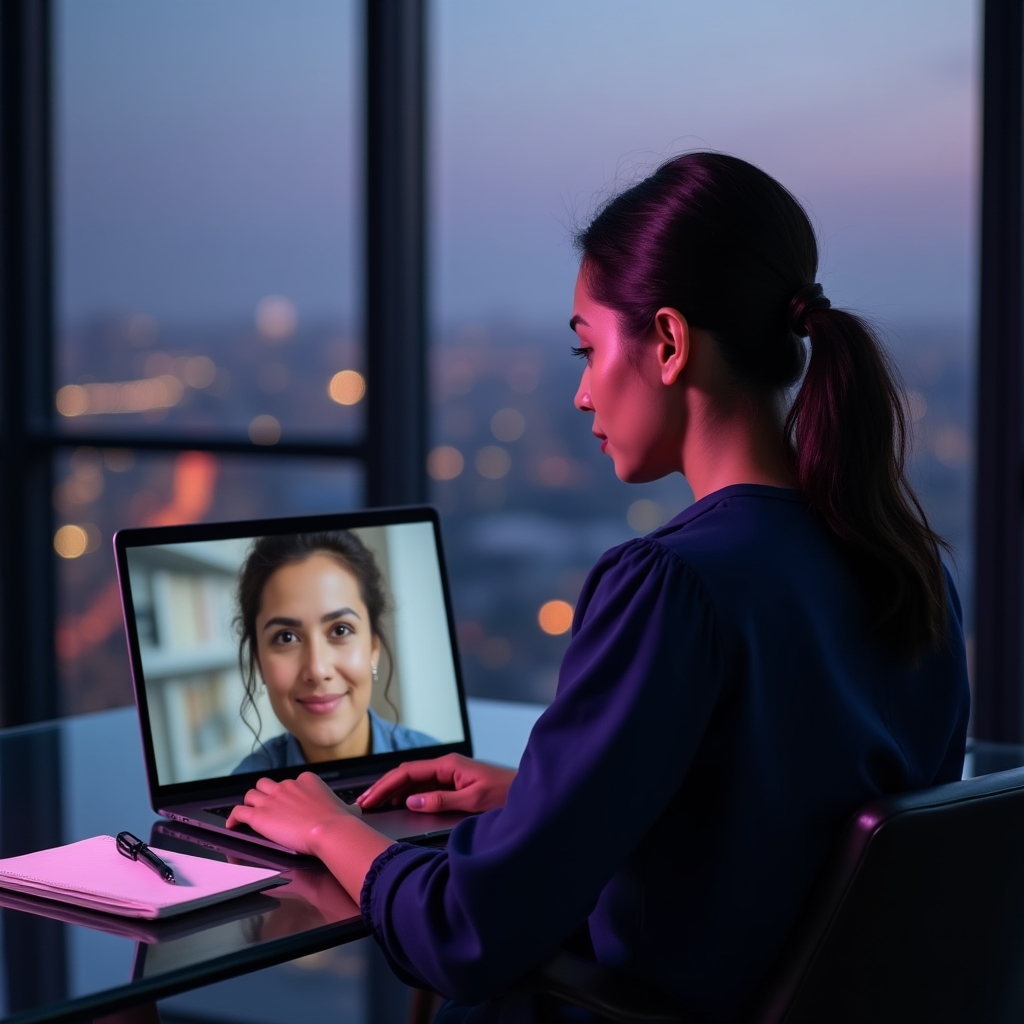 Student attending an online language lesson on a laptop