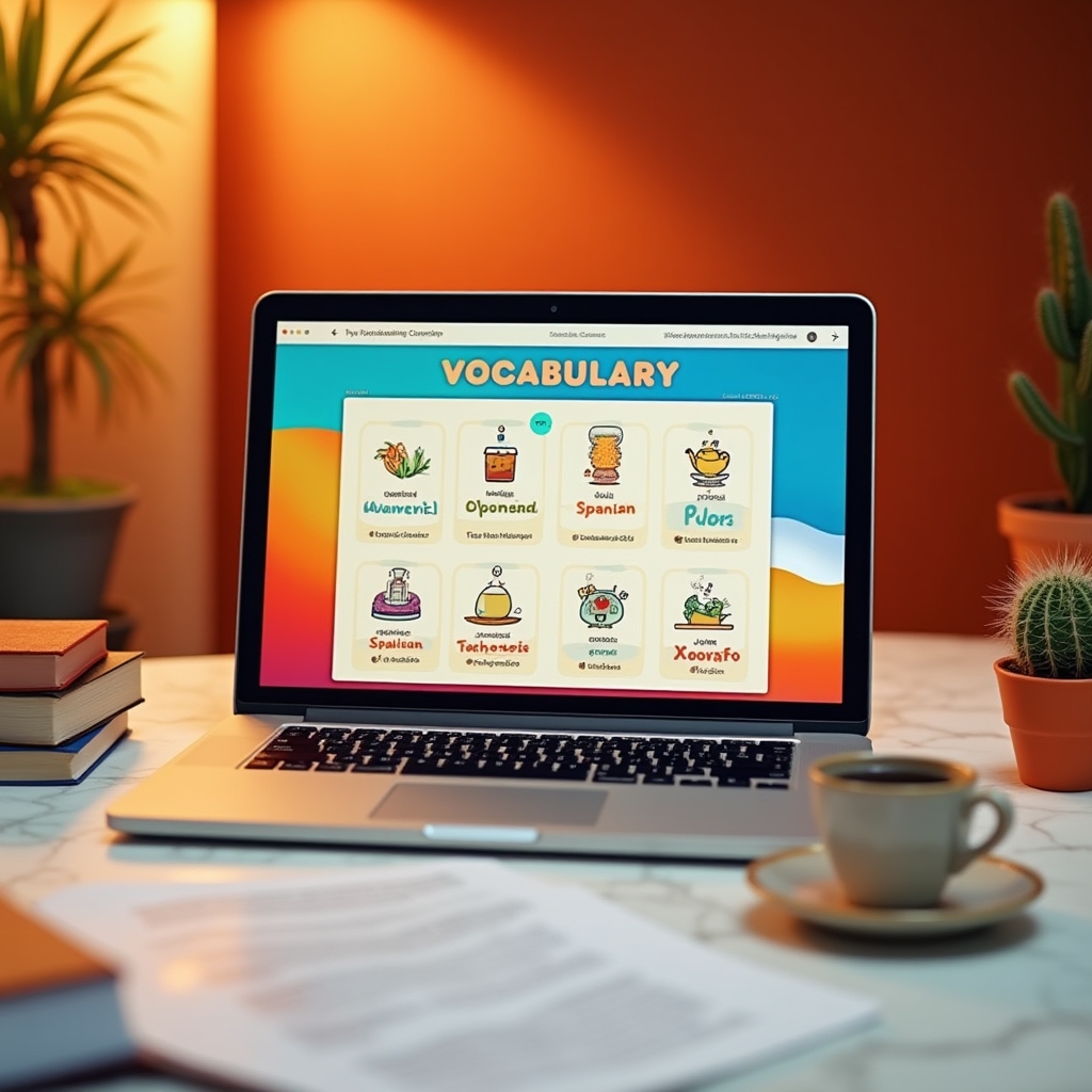 Online Spanish lesson session with colourful vocabulary cards visible on screen