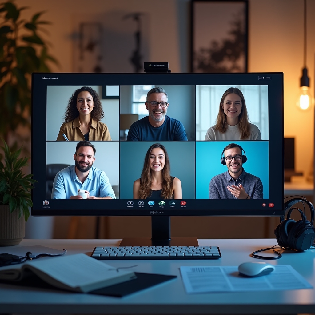 Group of language learners participating in an online study group video call with enthusiasm